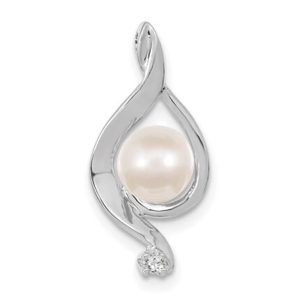 14k White Gold 5-6mm Near Round White Freshwater Cultured Pearl and AA Diamond Chain Slide