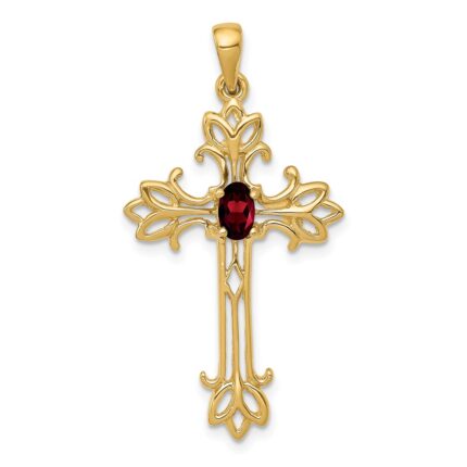 14k 5x3mm Oval Garnet Cross Pendant