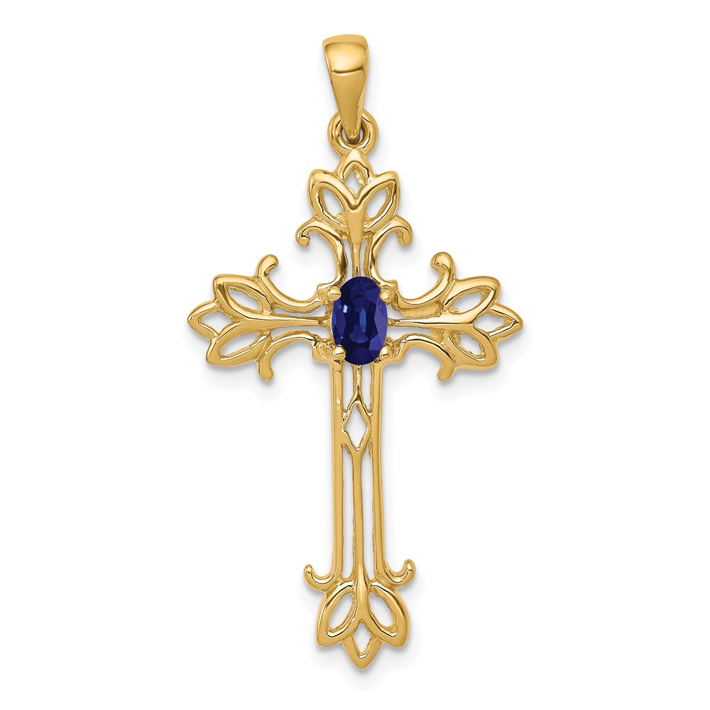 XP1775S.jpg 14k 5x3mm Oval Sapphire Cross Pendant - Image 1