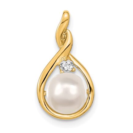 14k 7-8mm Near Round White Freshwater Cultured Pearl and AA Diamond Pendant