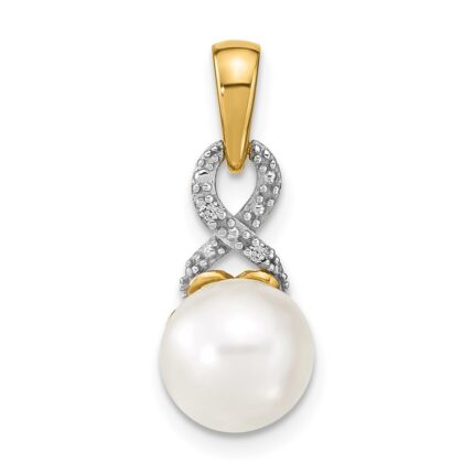14k 7-8mm Round White Freshwater Cultured Pearl and Diamond Pendant