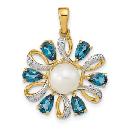 14k 6-7mm Button White Freshwater Cultured Pearl/Pear London Blue Topaz/Diamond Pendant