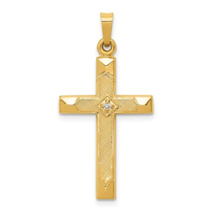 14k Textured and Polished Diamond Accent Cross Pendant