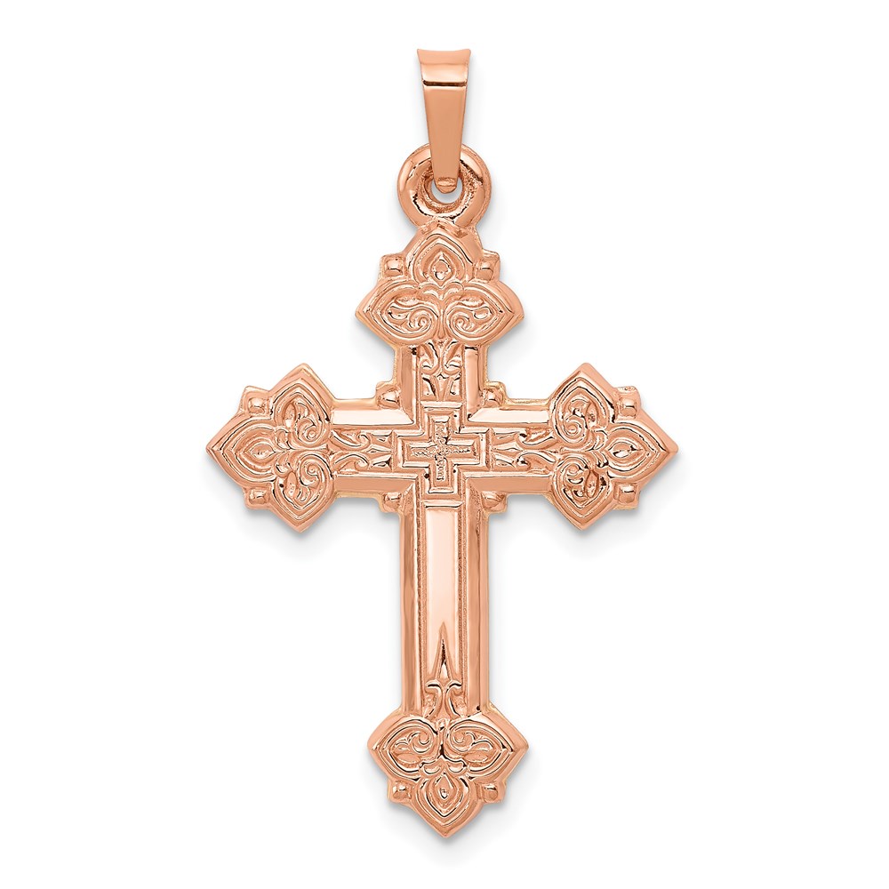 XR1226.jpg 14K Rose Gold Fleur de Lis Cross Pendant - Image 1