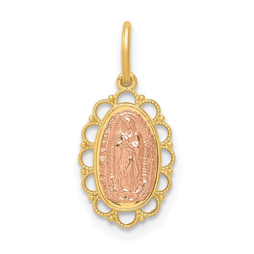 XR1252.jpg 14k Two-tone Small Our Lady of Guadalupe Scalloped Edge Oval Pendant - Image 1