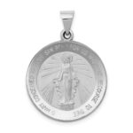 14k White Gold Polished and Satin Hollow Miraculous Medal Round Pendant
