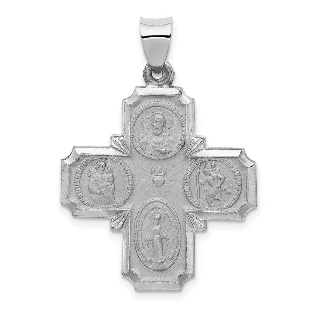 XR1283.jpg 14k White Gold Polished and Satin Hollow Four-Way Religious Medal Pendant - Image 1