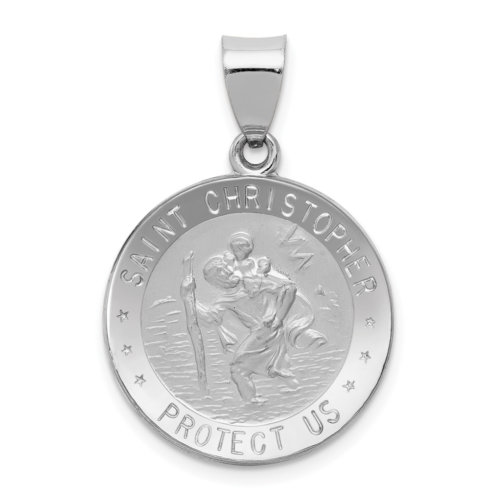 XR1301.jpg 14k White Gold Polished and Satin Hollow St Christopher Medal Round Pendant - Image 1