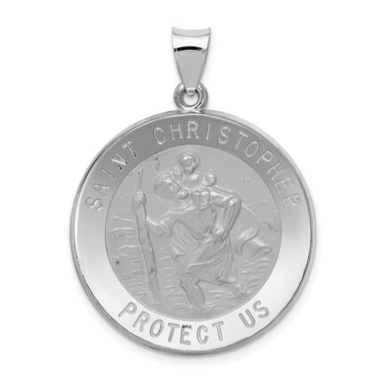 14k White Gold Polished and Satin Hollow Saint Christopher Medal Round Pendant