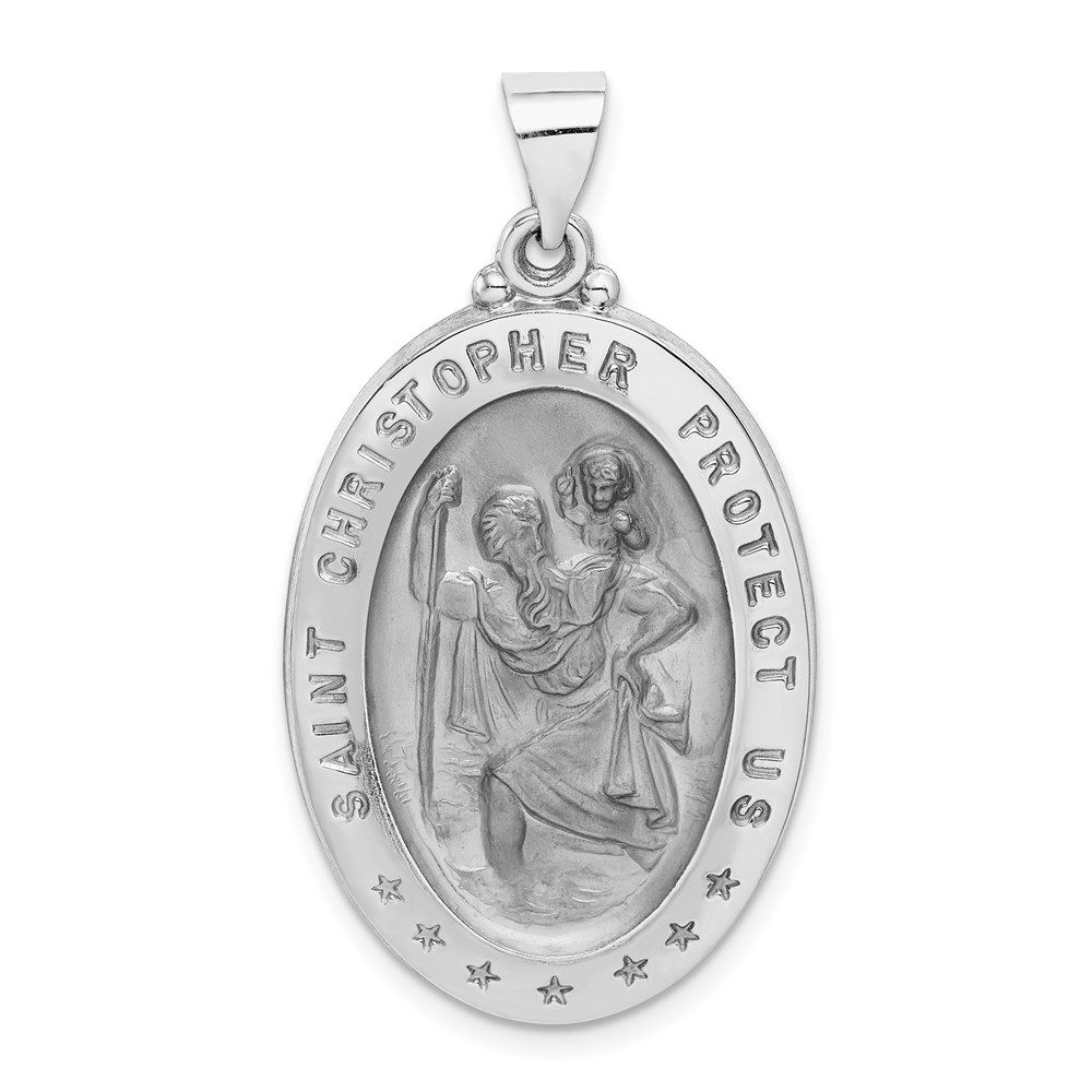 XR1312.jpg 14k White Gold Polished and Satin Hollow Saint Christopher Medal Oval Pendant - Image 1