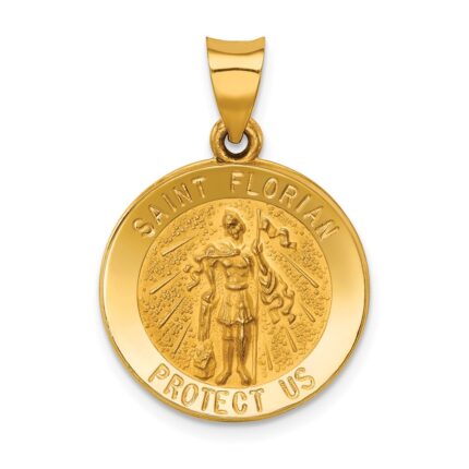 14k Polished and Satin Hollow St Florian Medal Round Pendant