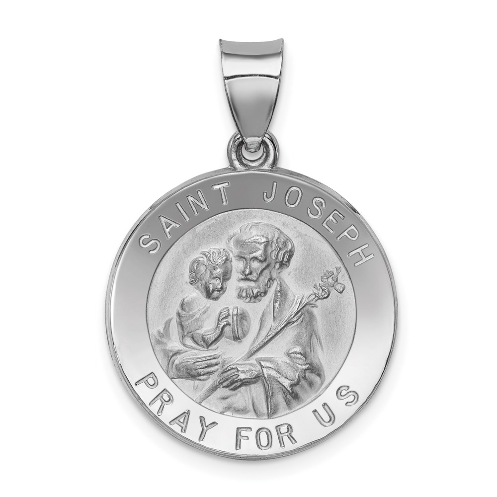 XR1340.jpg 14k White Gold Polished and Satin Hollow St Joseph Medal Round Pendant - Image 1