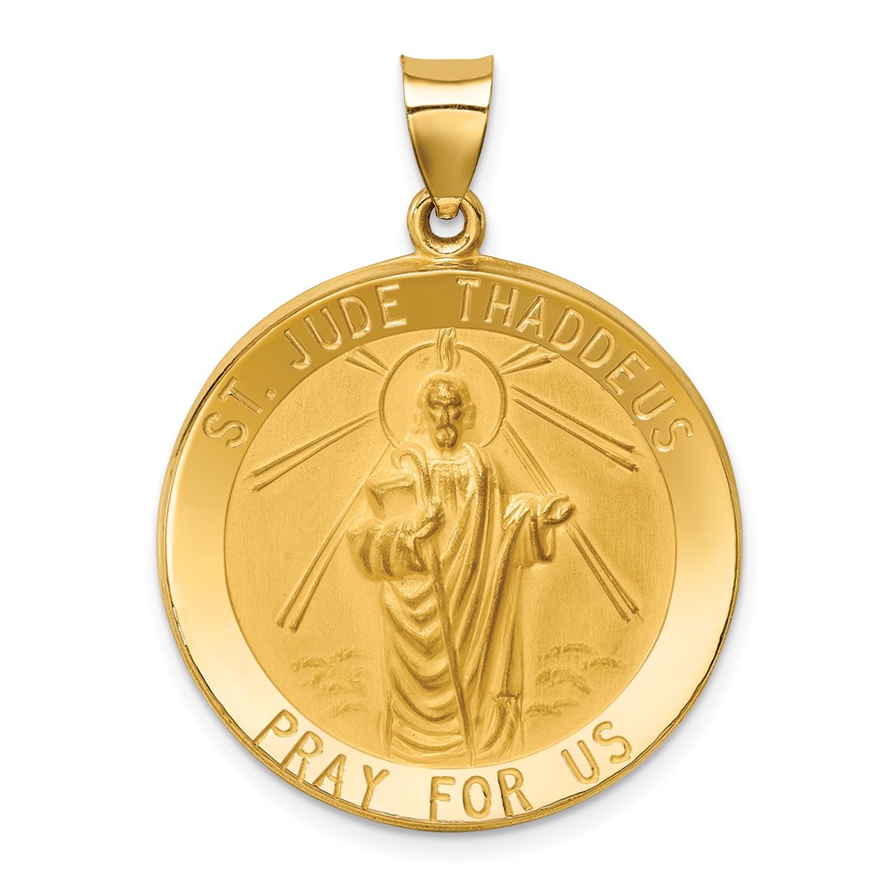 XR1348.jpg 14k Polished and Satin Large Hollow St. Jude Thaddeus Medal Round Pendant - Image 1