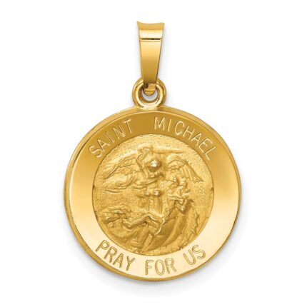 14k Polished and Satin Hollow St. Michael Medal Round Pendant