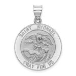 14k White Gold Polished and Satin Hollow St. Michael Medal Round Pendant