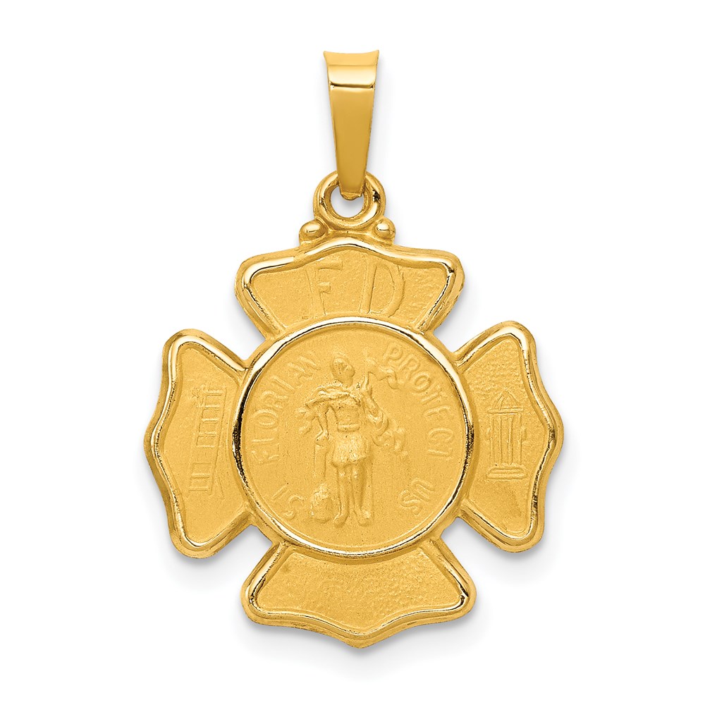 XR1368.jpg 14k Polished and Satin Hollow St Florian F.D. Badge Medal Pendant - Image 1