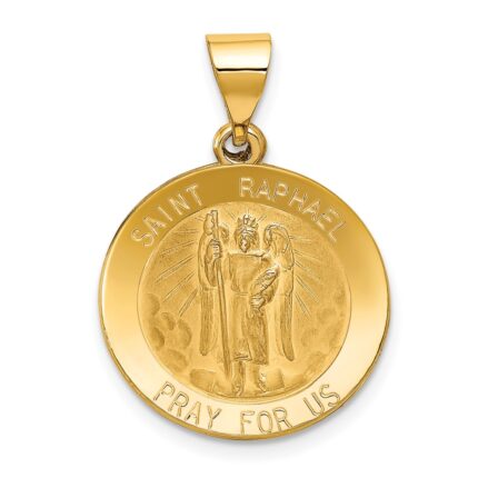 14k Polished and Satin Hollow St Raphael Medal Round Pendant