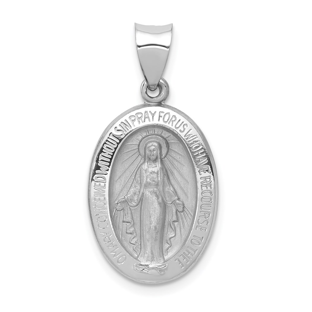 XR1399.jpg 14k White Gold Polished and Satin Hollow Miraculous Medal Oval Pendant - Image 1