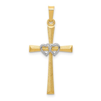 14K Two-tone Textured and Polished Latin Cross with Hearts Pendant