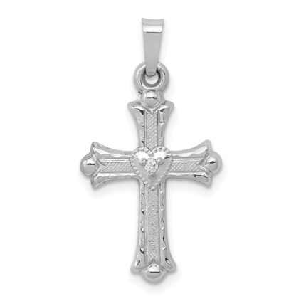 14K White Gold Diamond Fleur De Lis Cross with Heart Pendant
