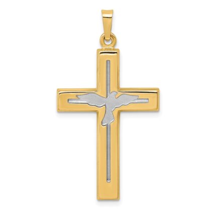 14K and White Rhodium Polished and Satin Cross with Dove Pendant