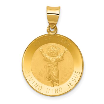 14K Polished Satin Hollow Spanish Divino Nino Round Medal Pendant