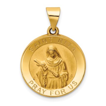 14K Polished and Satin Hollow St. Rita Medal Round Pendant