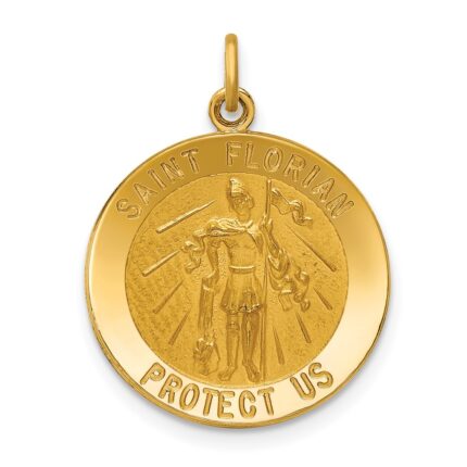 14k Polished and Satin Solid Medium St. Florian Medal Round Pendant