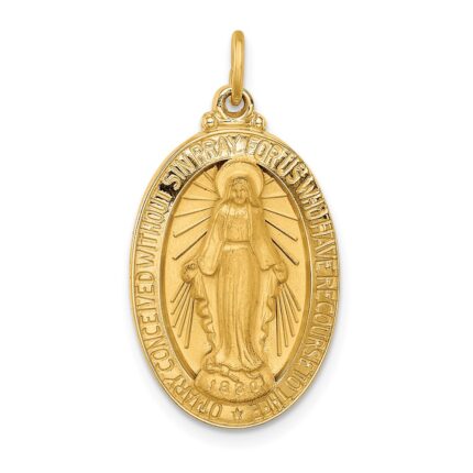 14k Polished and Satin Solid Medium Miraculous Medal Oval Pendant