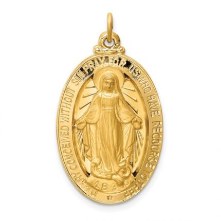 14k Polished and Satin Solid Large Miraculous Medal Oval Pendant