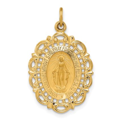 14k Polished and Satin Solid Miraculous Medal Scalloped Edge Oval Pendant