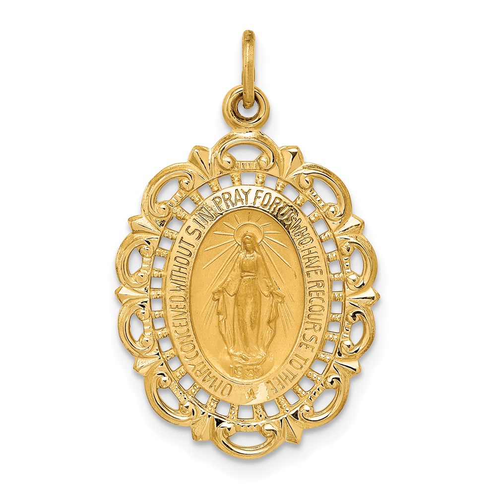 XR1763.jpg 14k Polished and Satin Solid Miraculous Medal Scalloped Edge Oval Pendant - Image 1