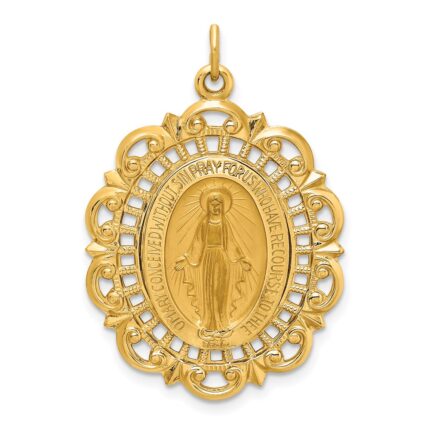14k Polished and Satin Solid Large Miraculous Medal Scalloped Edge Oval Pendant