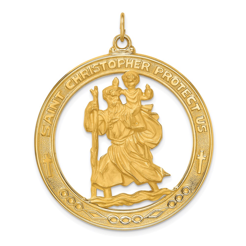 XR1796.jpg 14k Polished and Satin Solid Extra Large Cut-out St. Christopher Medal Round Pendant - Image 1