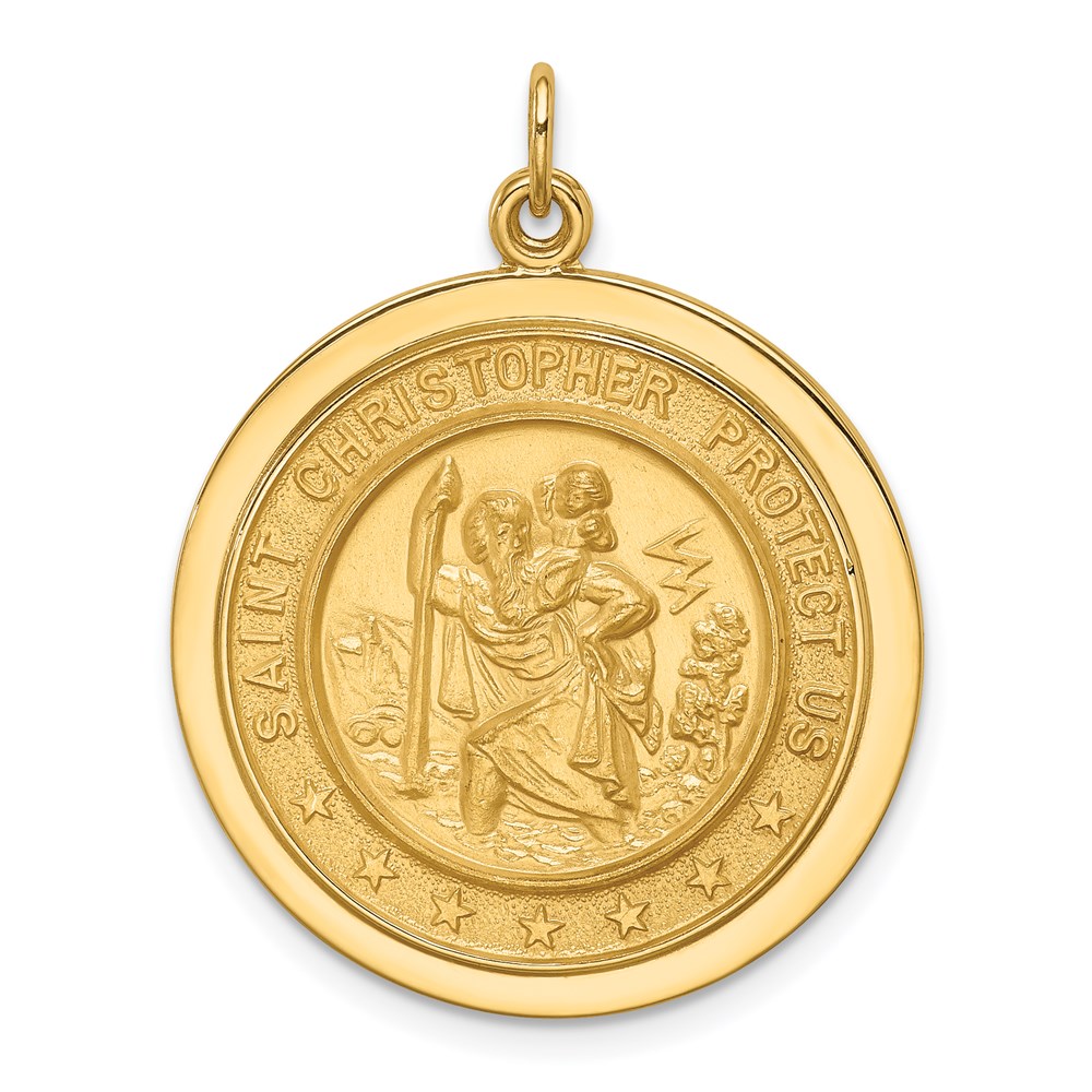XR1798.jpg 14k Polished and Satin Solid Medium Round Disc St. Christopher Medal Pendant - Image 1