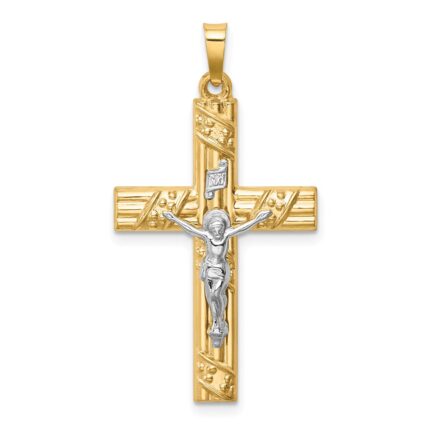 14k Two-tone Hollow Polished Textured and Striped Latin Crucifix Pendant