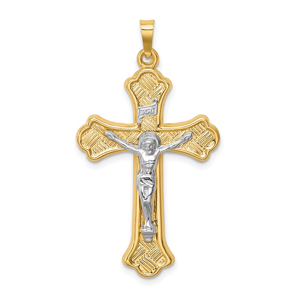 XR1858.jpg 14k Two-tone Hollow Polished Woven Fleur de Lis Crucifix Pendant - Image 1