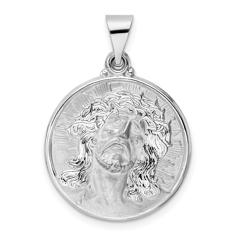 XR1893.jpg 14k White Gold Polished and Satin Hollow Jesus Face Disc Pendant - Image 1
