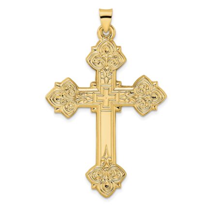 14k Polished Hollow Large Fancy Fleur de Lis Cross Pendant