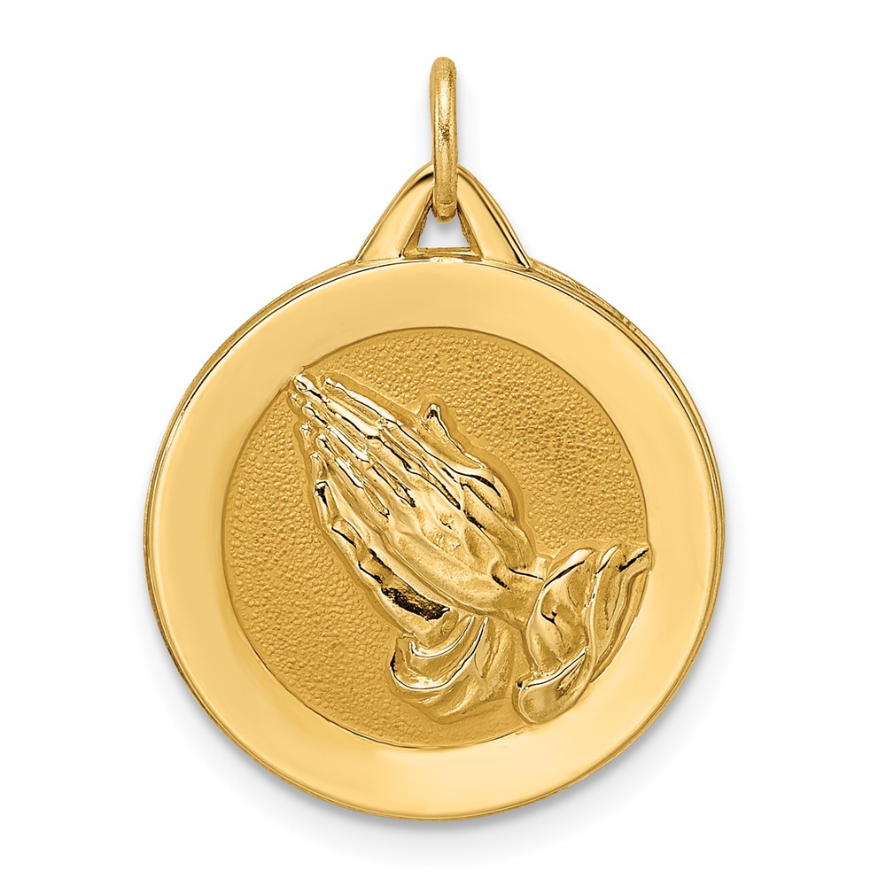 XR1949.jpg 14k Polished and Satin Solid Reversible Praying Hands and Serenity Prayer Disc Pendant - Image 1