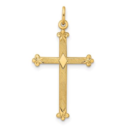 14k Polished and Textured Solid Diamond Shape Center Cross Pendant