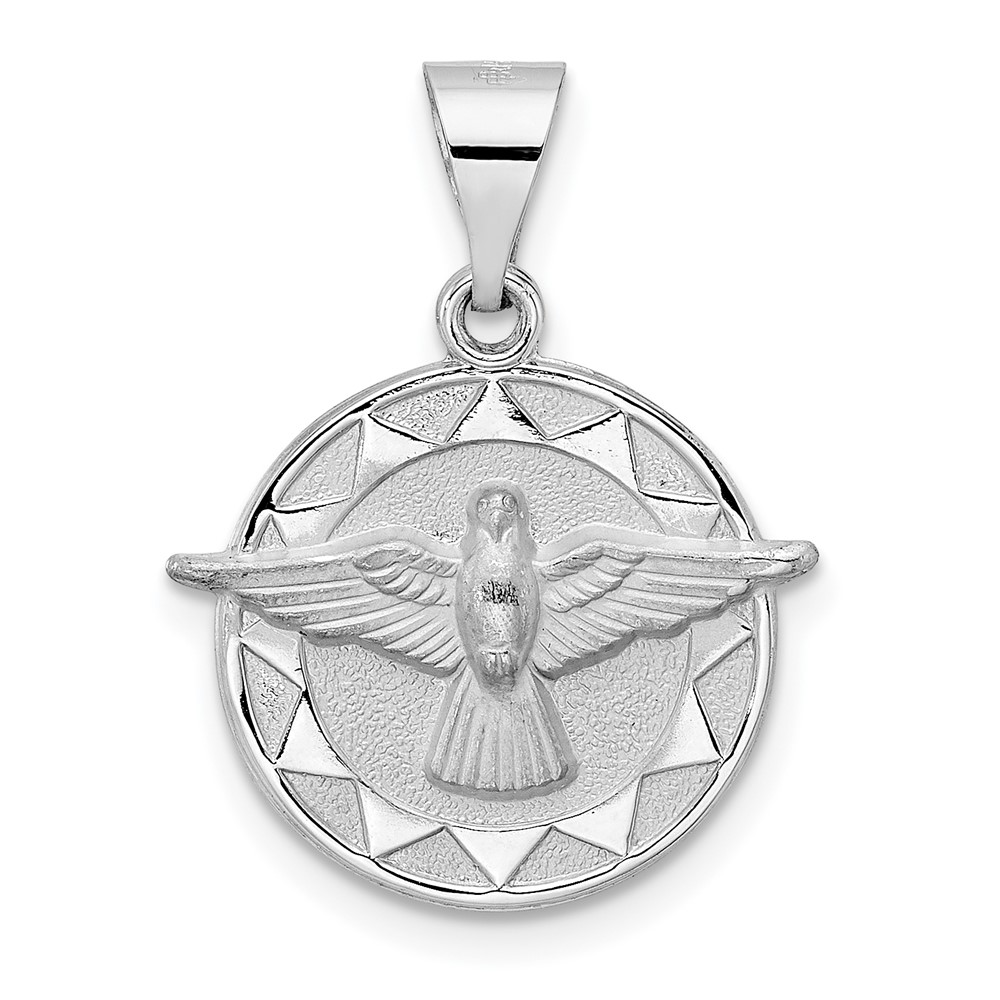 XR1955.jpg 14k White Gold Polished and Satin Hollow Holy Spirit Medal Round Pendant - Image 1