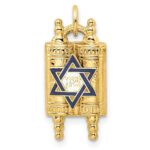14k Polished Solid Torah with Blue and White Enameled Star of David Pendant