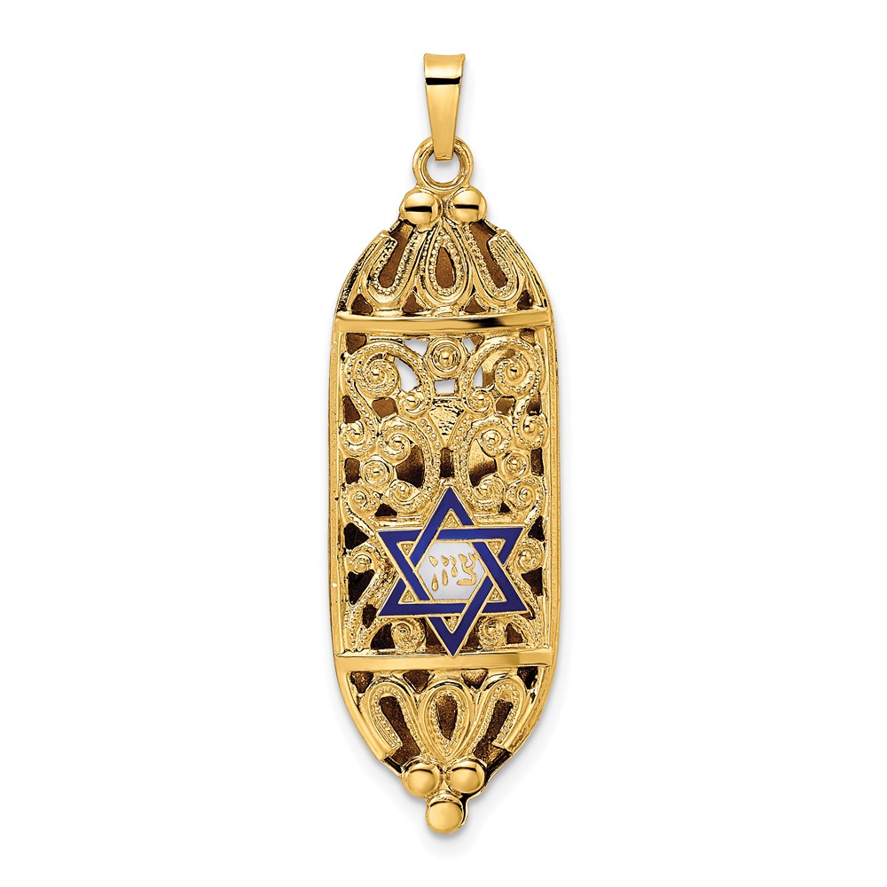 XR2023.jpg 14k Polished Mezuzah with Blue and White Enameled Star of David Pendant - Image 1