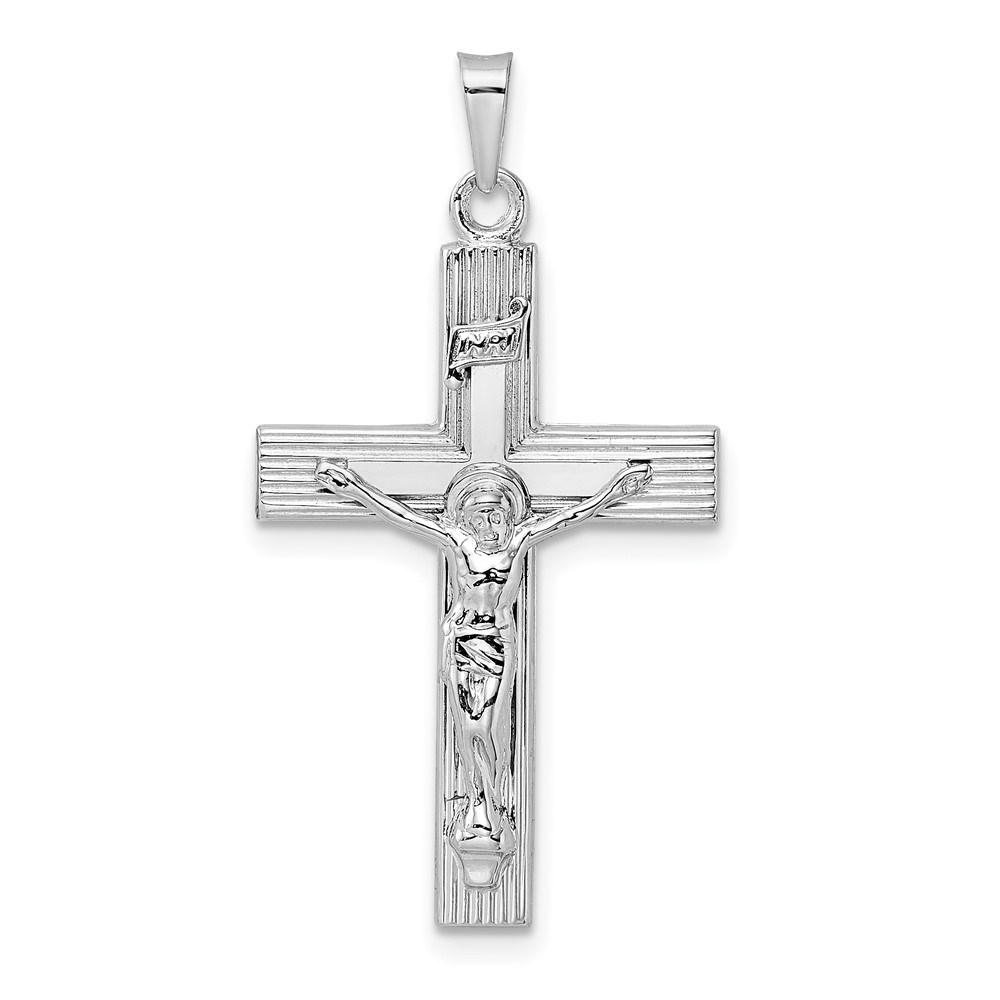 XR2066.jpg 14k White Gold Polished Solid INRI Striped Crucifix Pendant - Image 1