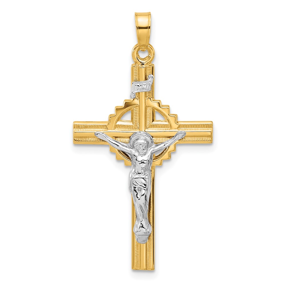 XR2093.jpg 14k Two-Tone Textured Hollow INRI Iona Crucifix Pendent - Image 1