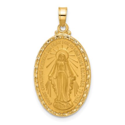 14k Polished and Satin Solid Miraculous Medal Oval Pendant
