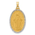 14K and White Rhodium Polished and Satin Solid Miraculous Medal Oval Pendant