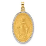 14K and White Rhodium Polished and Satin Solid Miraculous Medal Oval Pendant