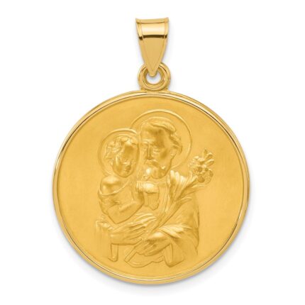 14k Polished and Satin Solid Large St Joseph Medal Round Pendant